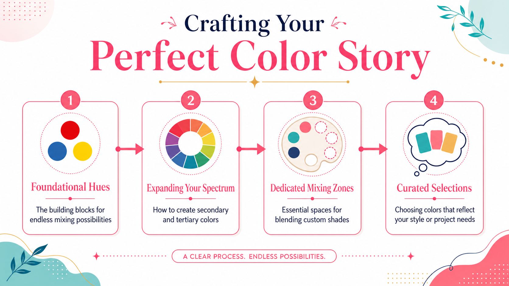 A four-step infographic explaining the process of crafting a perfect color palette for watercolor painting.