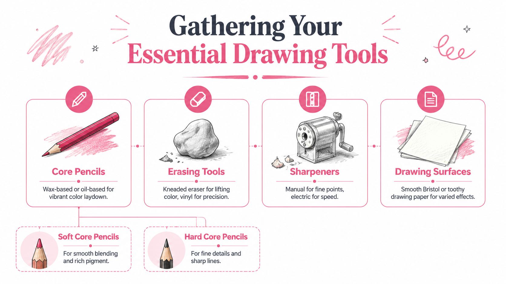 An infographic titled Gathering Your Essential Drawing Tools, showcasing pencils, erasers, sharpeners, and paper for colored pencil drawing.