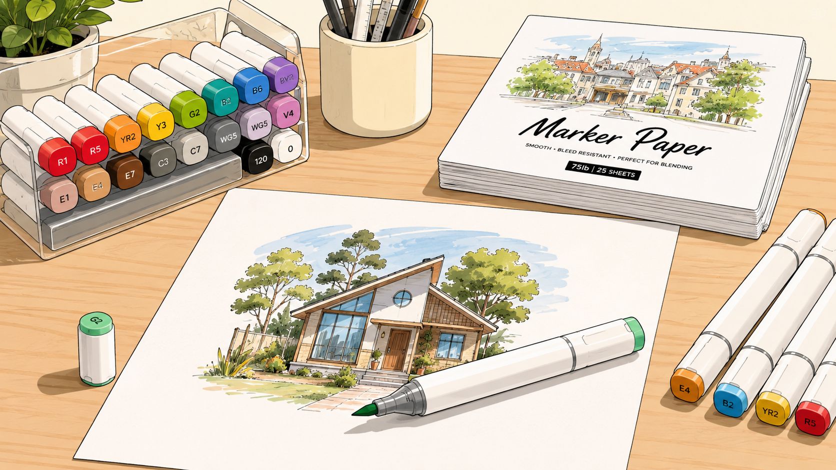 An artist workspace with alcohol markers, marker paper, and a hand-drawn sketch of a house.
