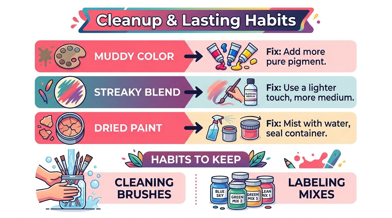 An infographic showing tips for fixing acrylic painting problems and maintaining good studio habits for artists.