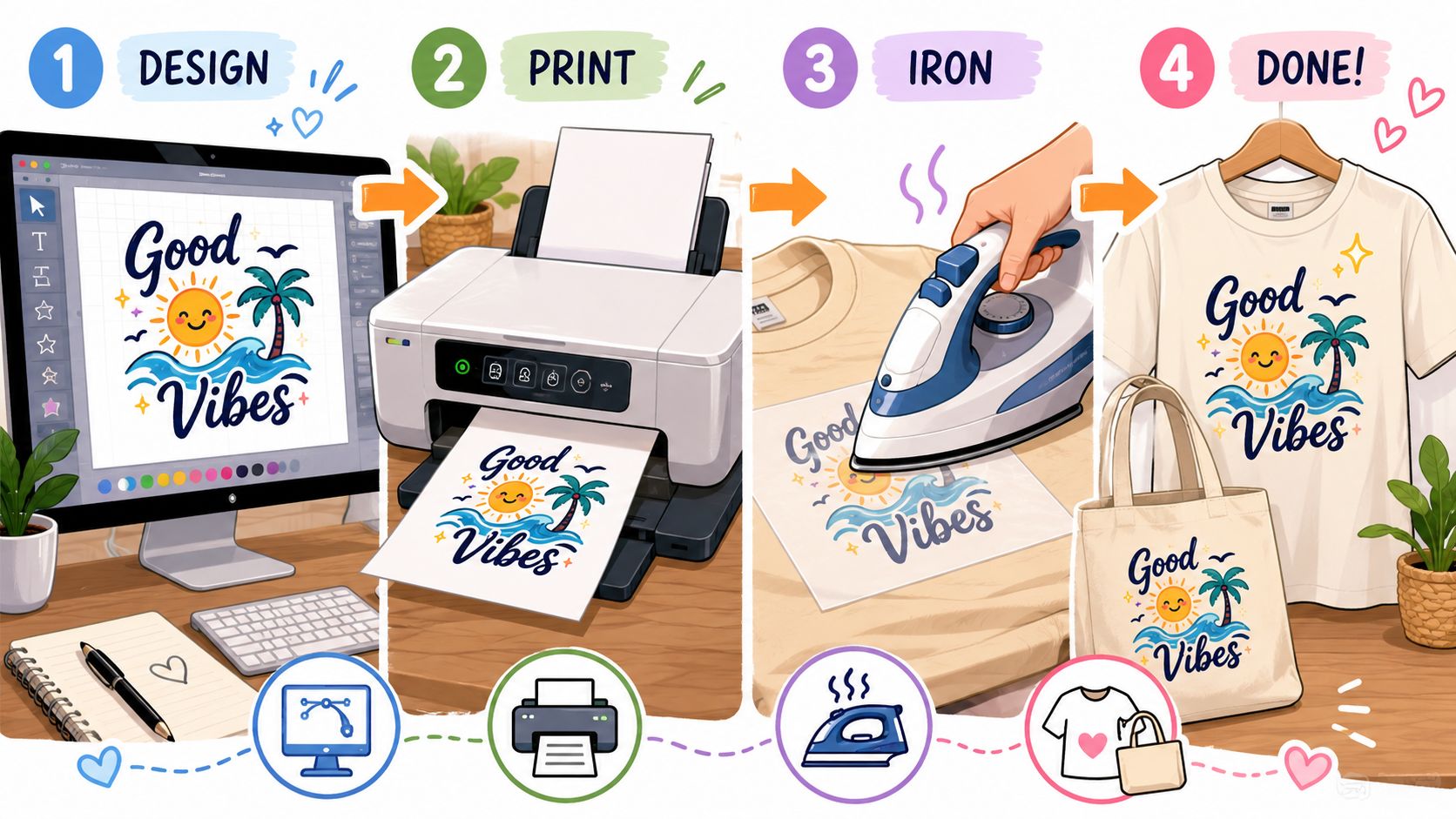 An infographic showing the four steps to use transfer paper: design, print, iron, and the finished product.