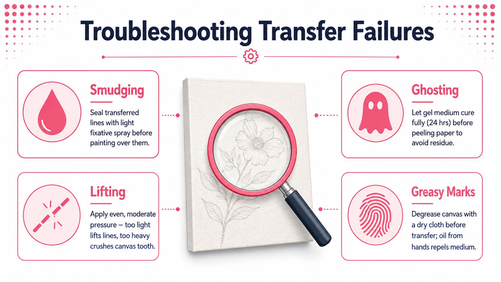 An infographic titled Troubleshooting Transfer Failures, illustrating solutions for smudging, ghosting, lifting, and greasy marks on canvas.