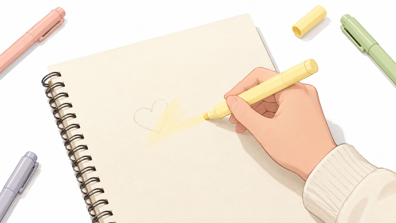 A hand coloring a drawn heart shape on a notebook page with a light yellow felt-tip marker.