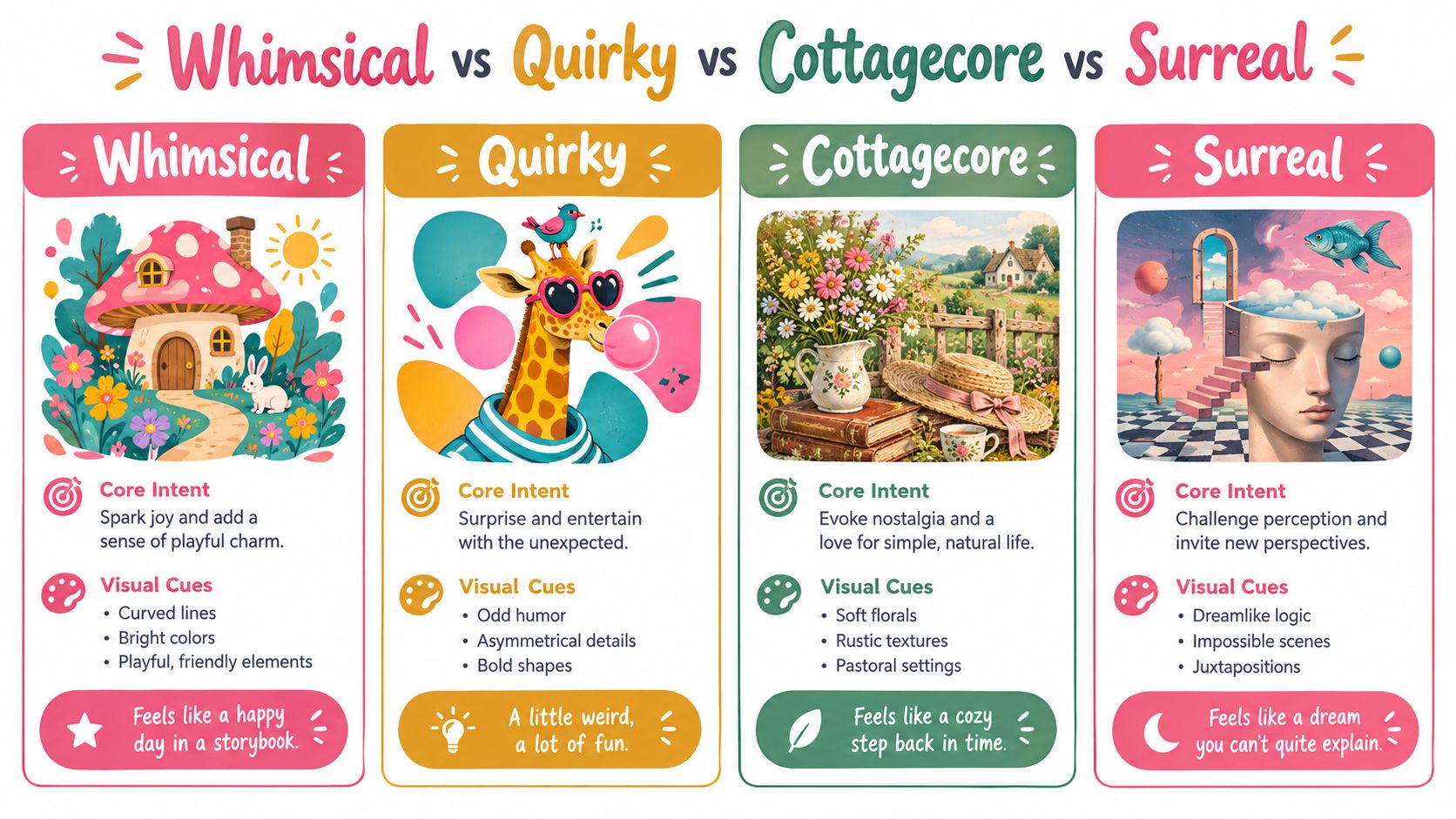 An infographic comparing Whimsical, Quirky, Cottagecore, and Surreal art styles with illustrative examples and descriptive bullet points.