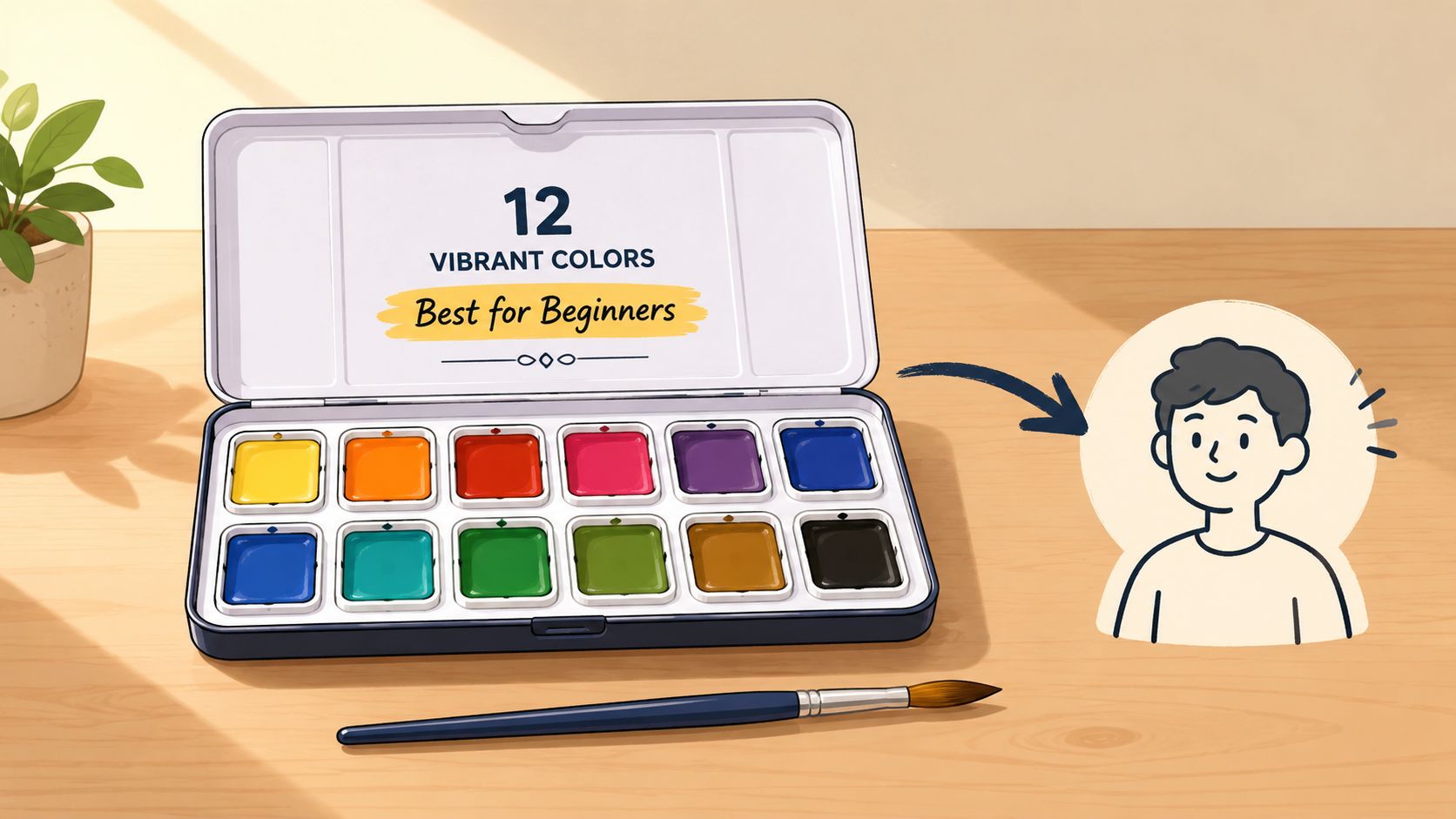An open watercolor paint palette with twelve vibrant colors, a paintbrush, and a cartoon boy illustration.