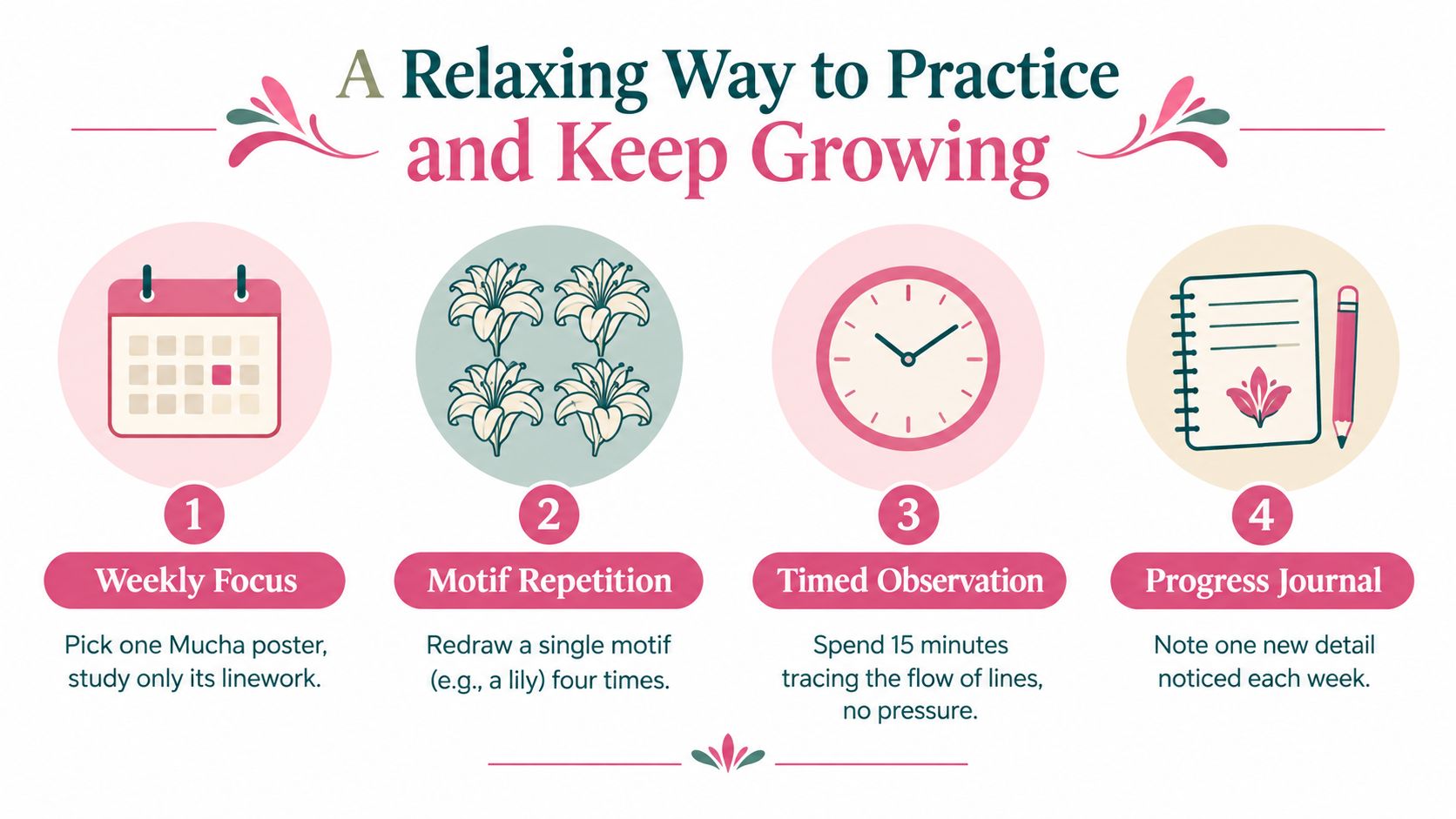 An infographic titled A Relaxing Way to Practice and Keep Growing with four numbered steps for art training.