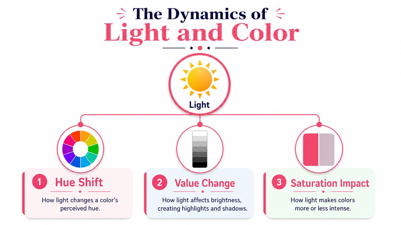 A diagram explaining light and color theory, highlighting hue shift, value change, and saturation impact dynamics.