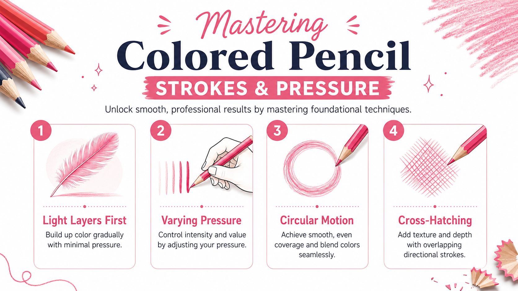 An infographic titled Mastering Colored Pencil Strokes and Pressure showing four techniques for better drawing results.