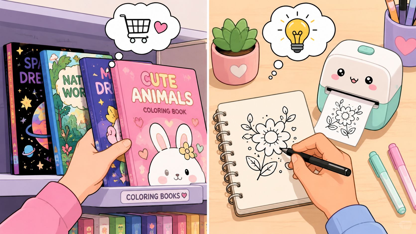 A person selecting a cute animal coloring book from a shelf and printing floral sketches at home.