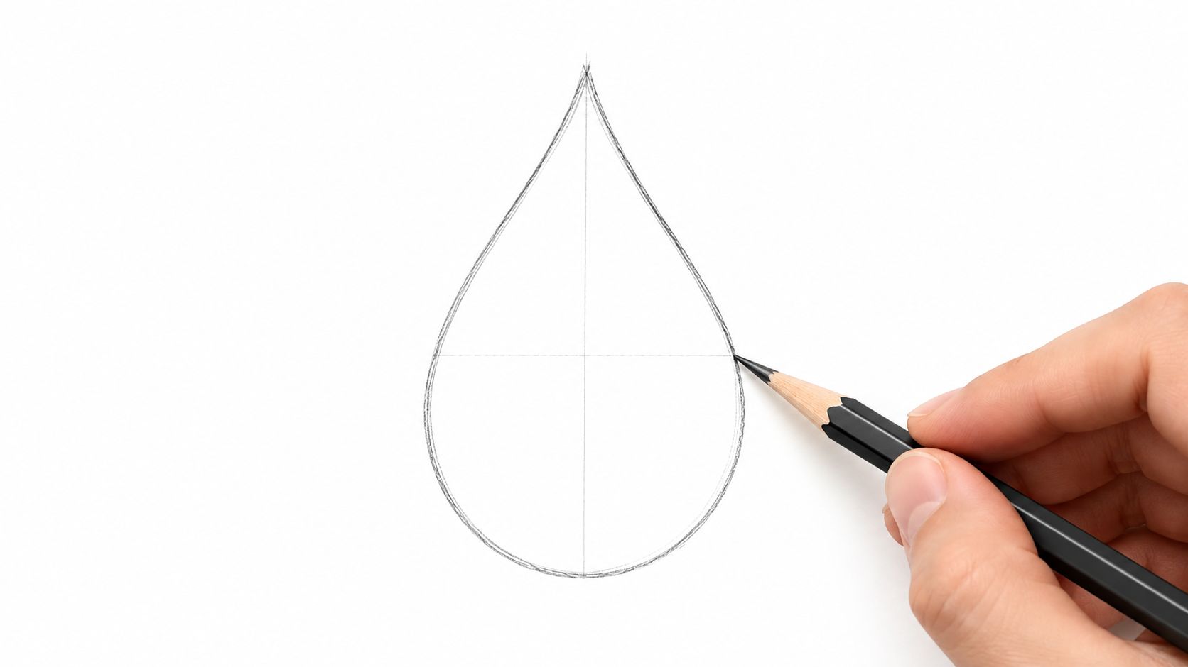 A hand using a pencil to sketch the initial outline of a paisley teardrop shape.