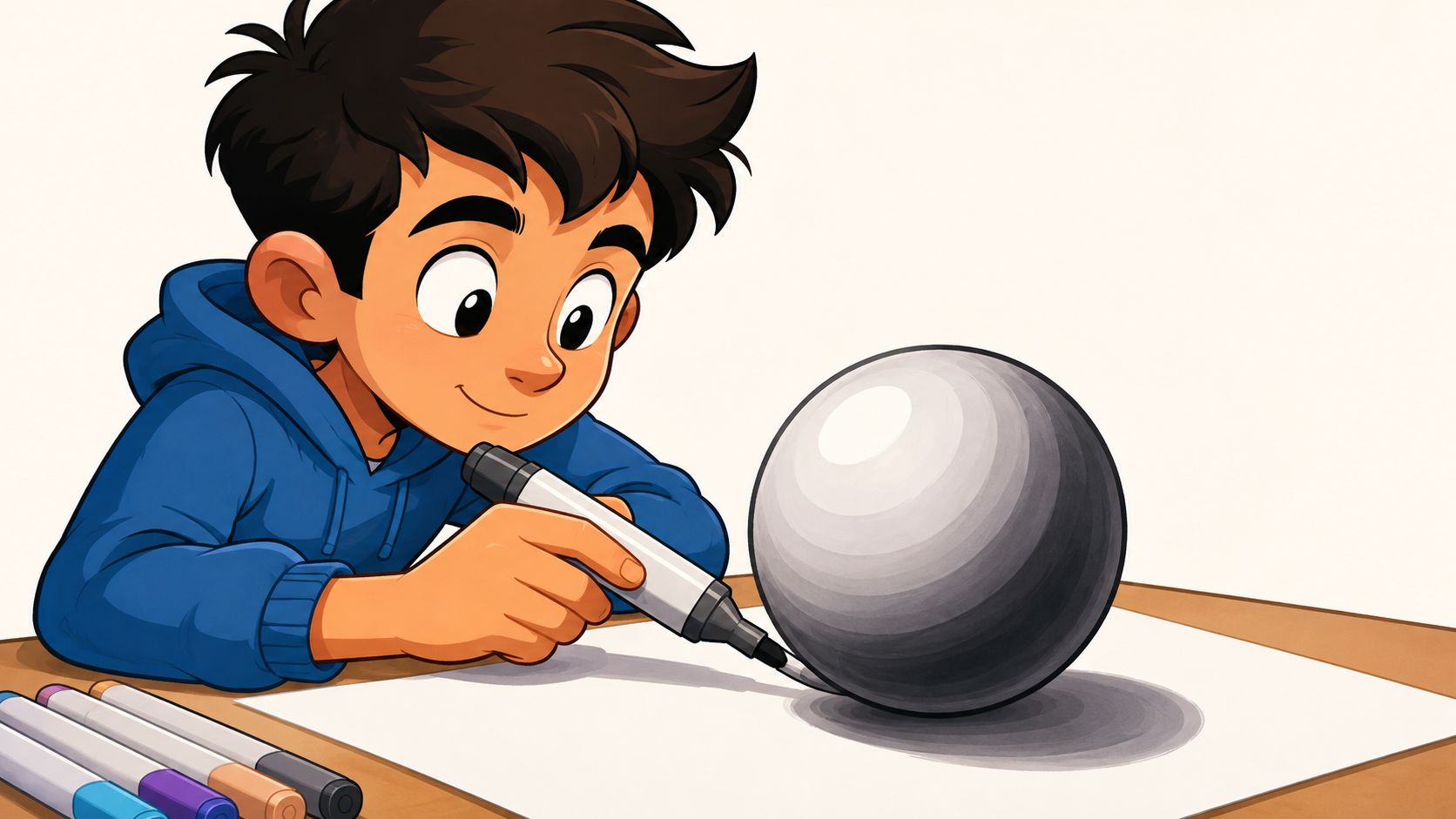 A cartoon boy with dark hair wearing a blue hoodie drawing a shaded sphere with a marker.