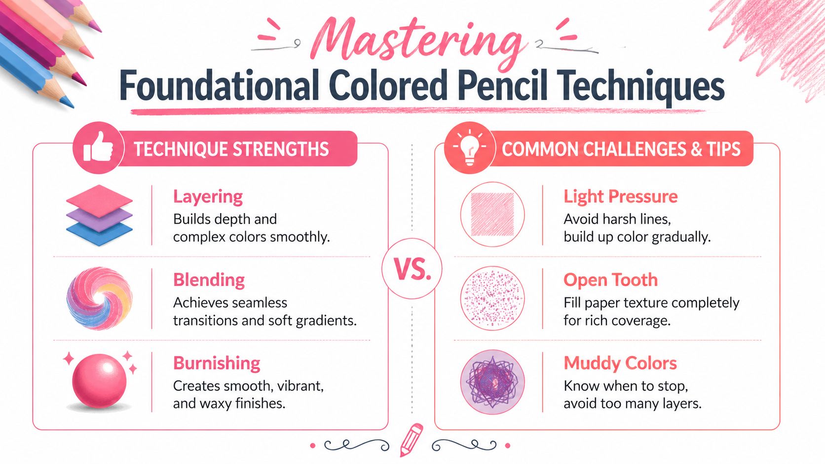 An infographic detailing essential colored pencil techniques, including layering, blending, and burnishing alongside tips to overcome common challenges.