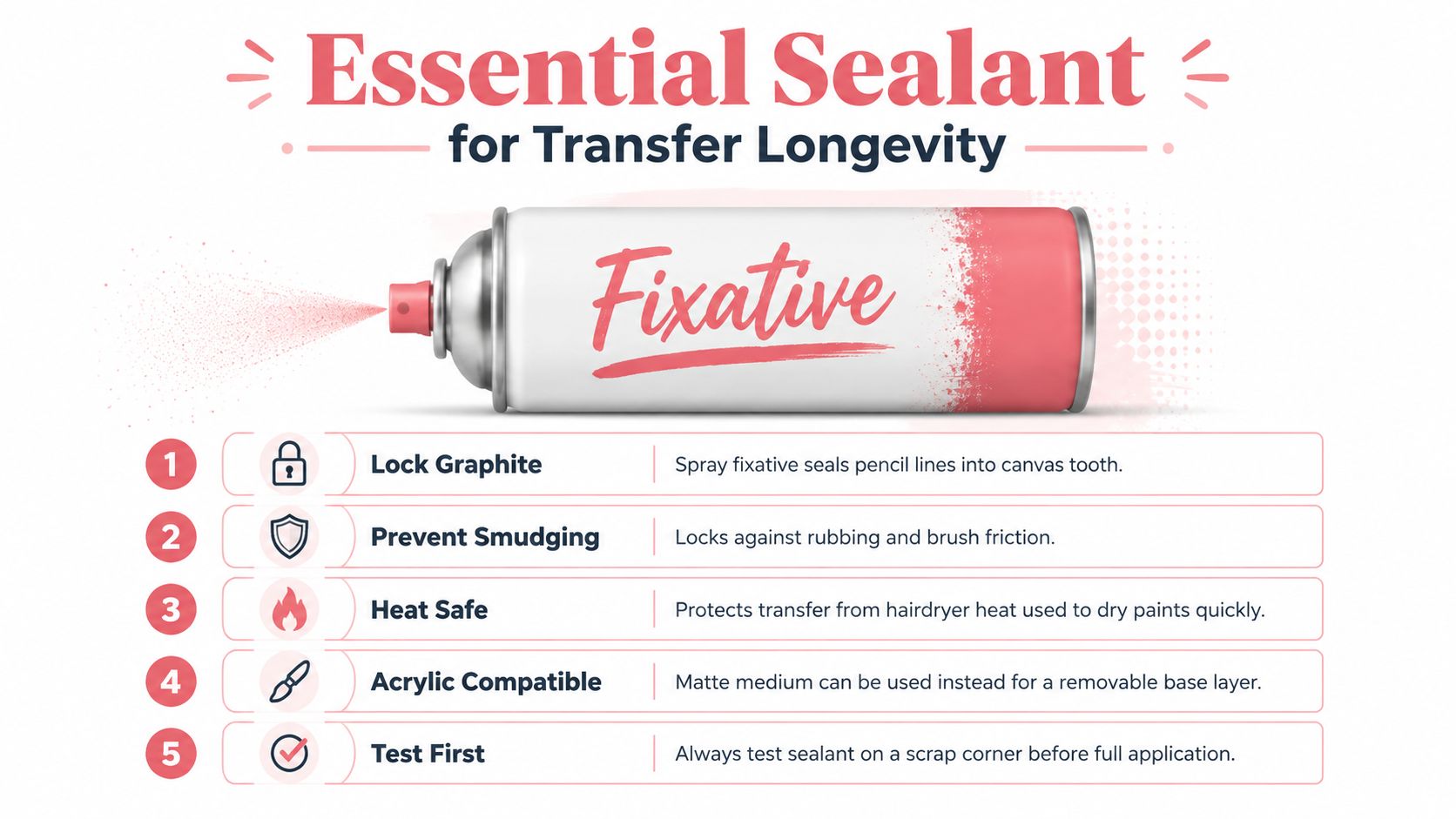 An infographic showing the benefits of using a fixative sealant spray for transferring paper to canvas art.
