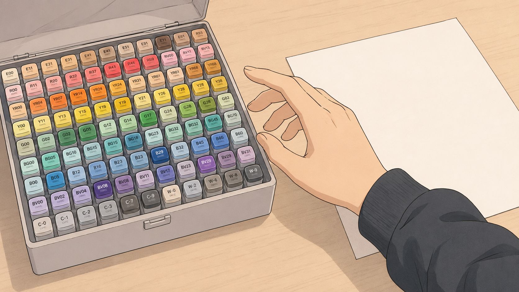 A close-up illustration of an artist choosing a marker from a large box of assorted colorful markers.