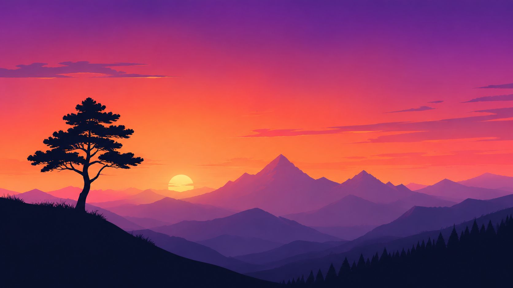 A minimalist landscape illustration featuring a silhouette tree on a hillside at a vibrant sunset over mountains.