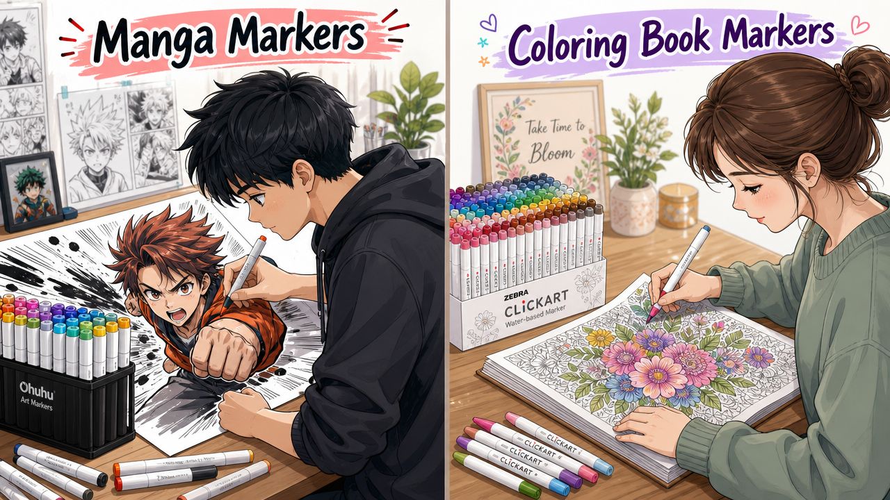 A split image showing an artist drawing manga characters and a woman coloring an intricate floral illustration.