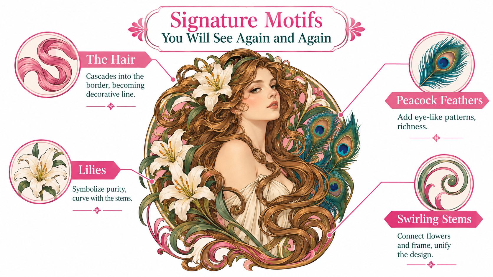An art nouveau illustration showcasing a woman surrounded by lilies, peacock feathers, and decorative swirling floral patterns.