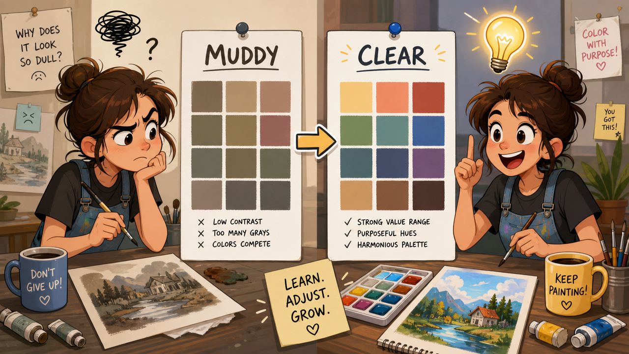 An artist comparing a muddy, dull color palette to a vibrant, harmonious color palette for better painting.