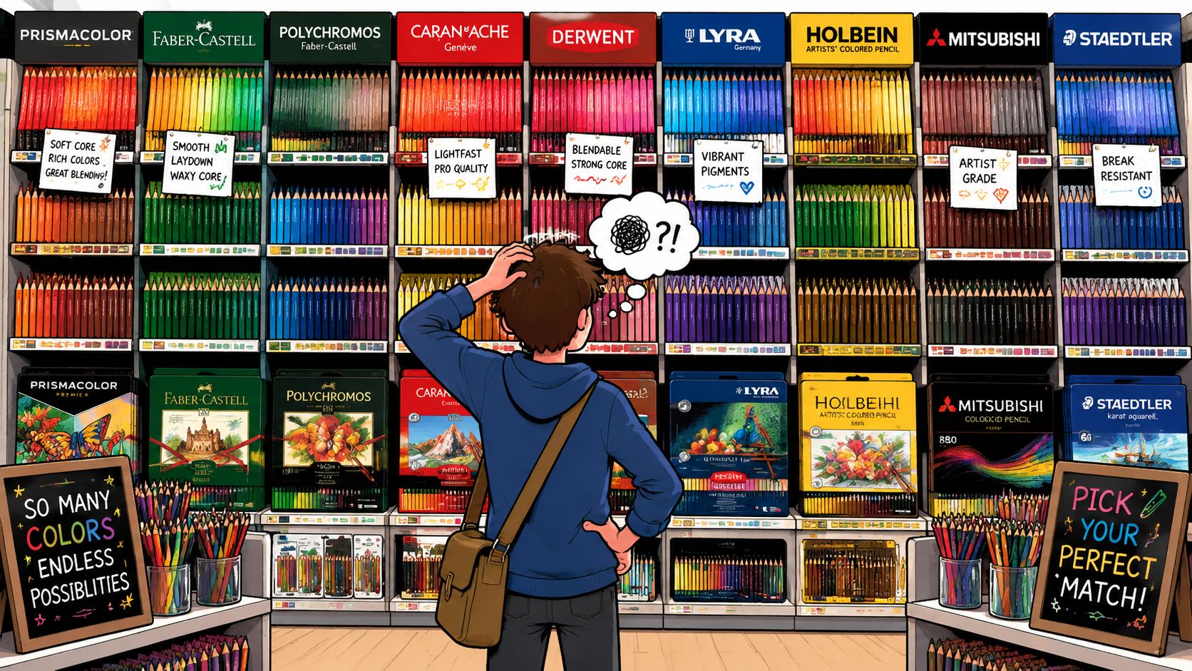 A confused artist in an art supply store browsing shelves full of professional quality colored pencils.