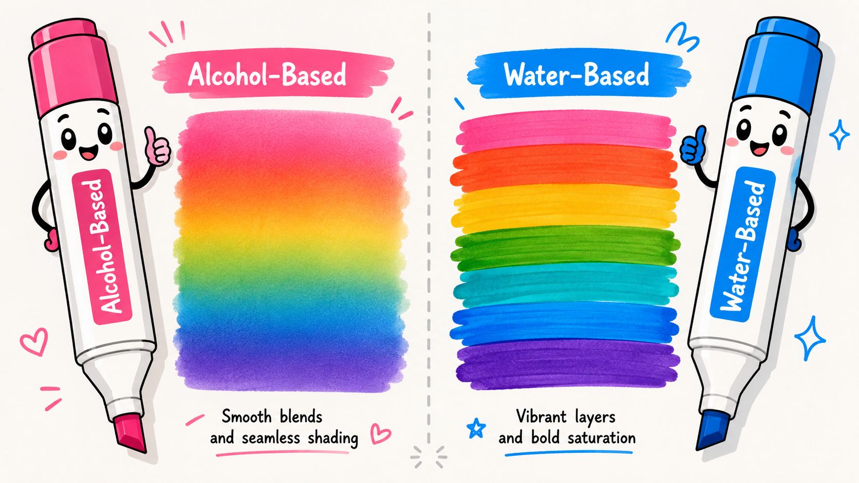 An illustration comparing alcohol-based markers for smooth blending versus water-based markers for vibrant, layered coloring results.