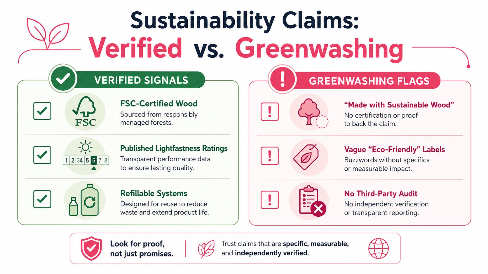 An infographic comparing verified sustainability signals to greenwashing flags with examples like FSC-certified wood and refillable systems.