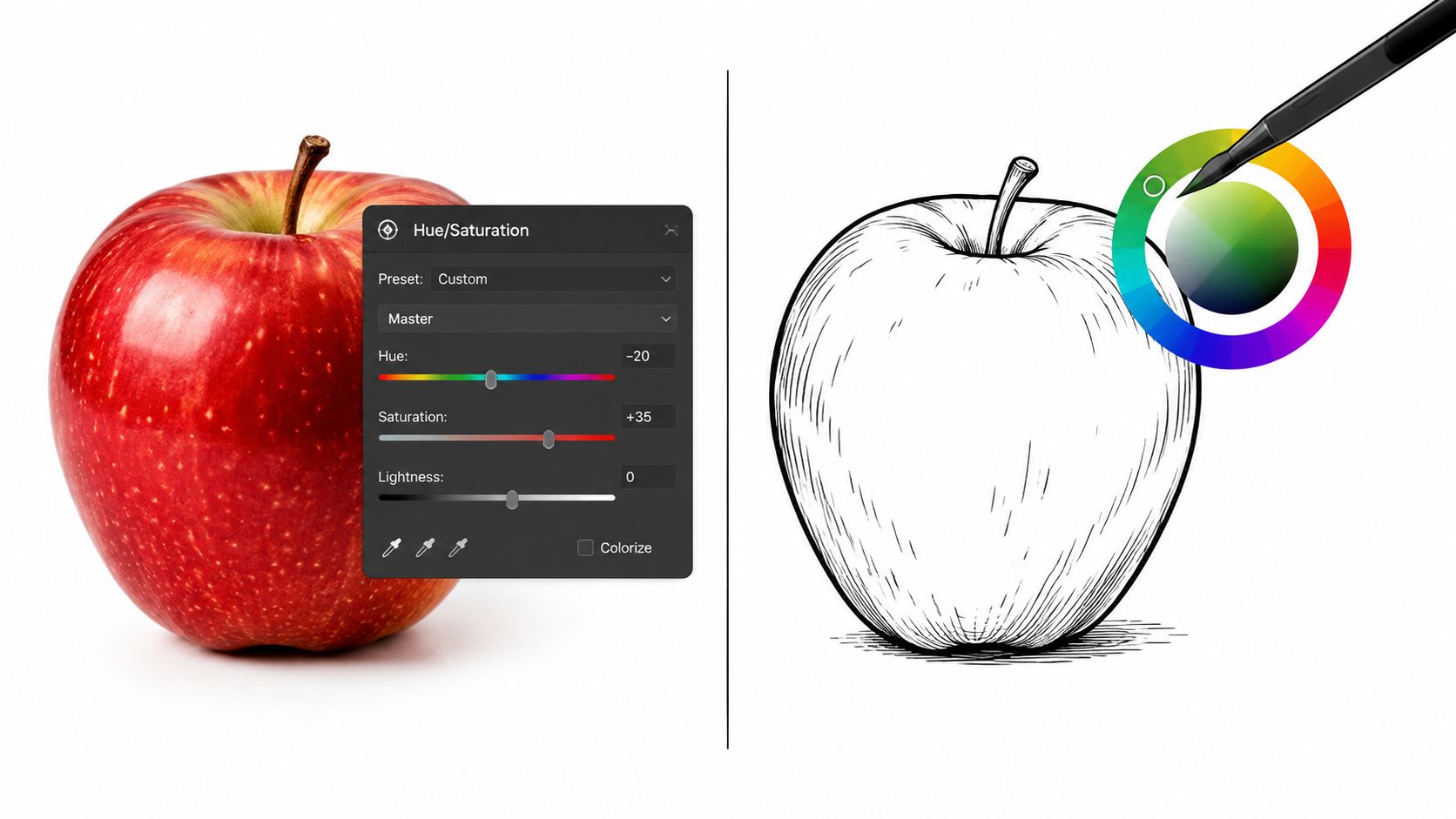 A split-screen comparison showing a realistic apple photo being edited with hue settings and a line-art sketch.