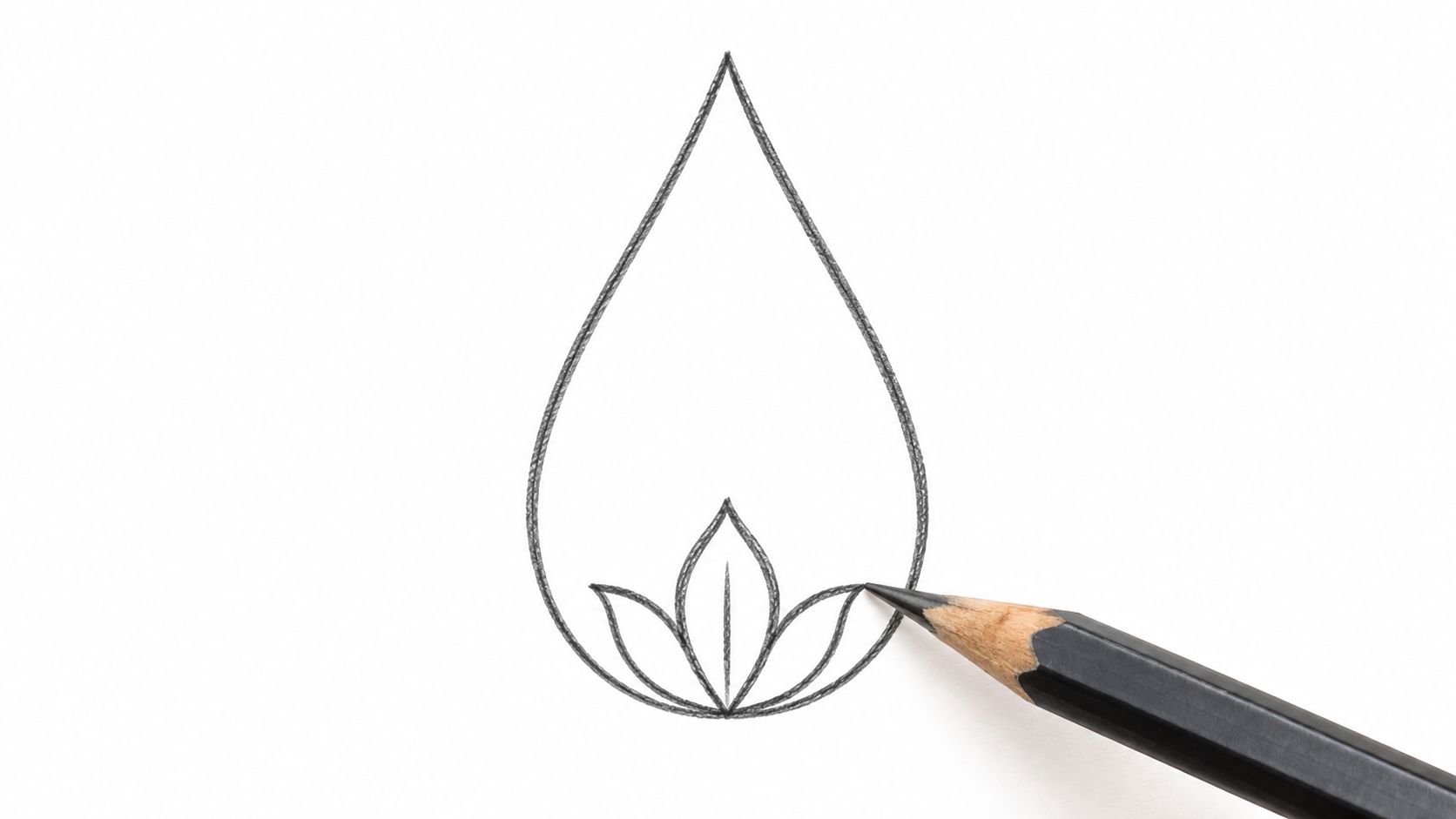 A hand-drawn sketch of a teardrop shape containing a stylized lotus flower design on white paper.