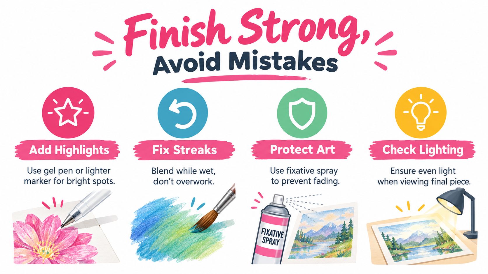 An infographic titled Finish Strong, Avoid Mistakes, illustrating four tips for artists using markers, pencils, and fixative spray.