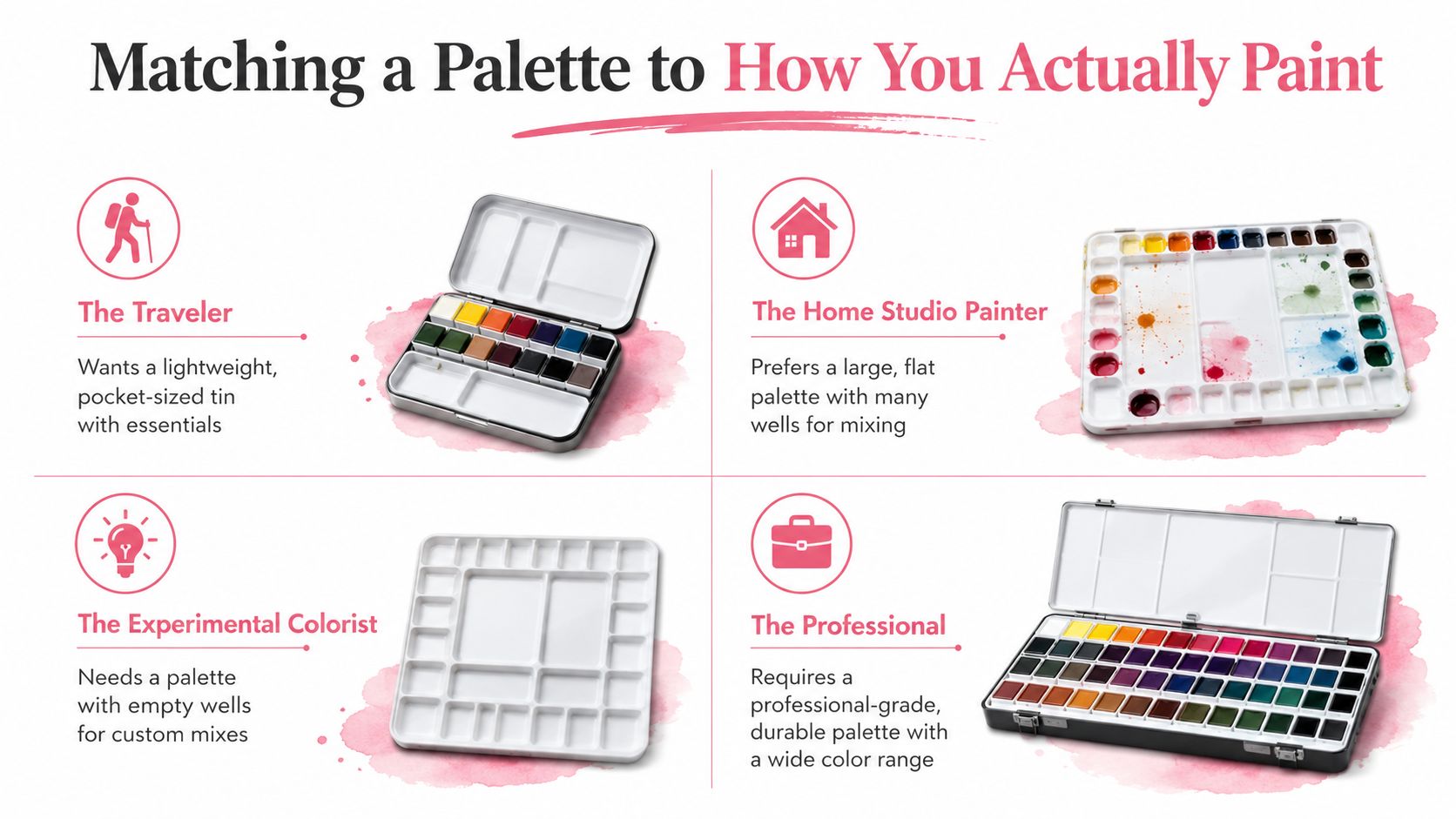 An infographic showing four different types of watercolor palettes tailored to various painting styles and needs.