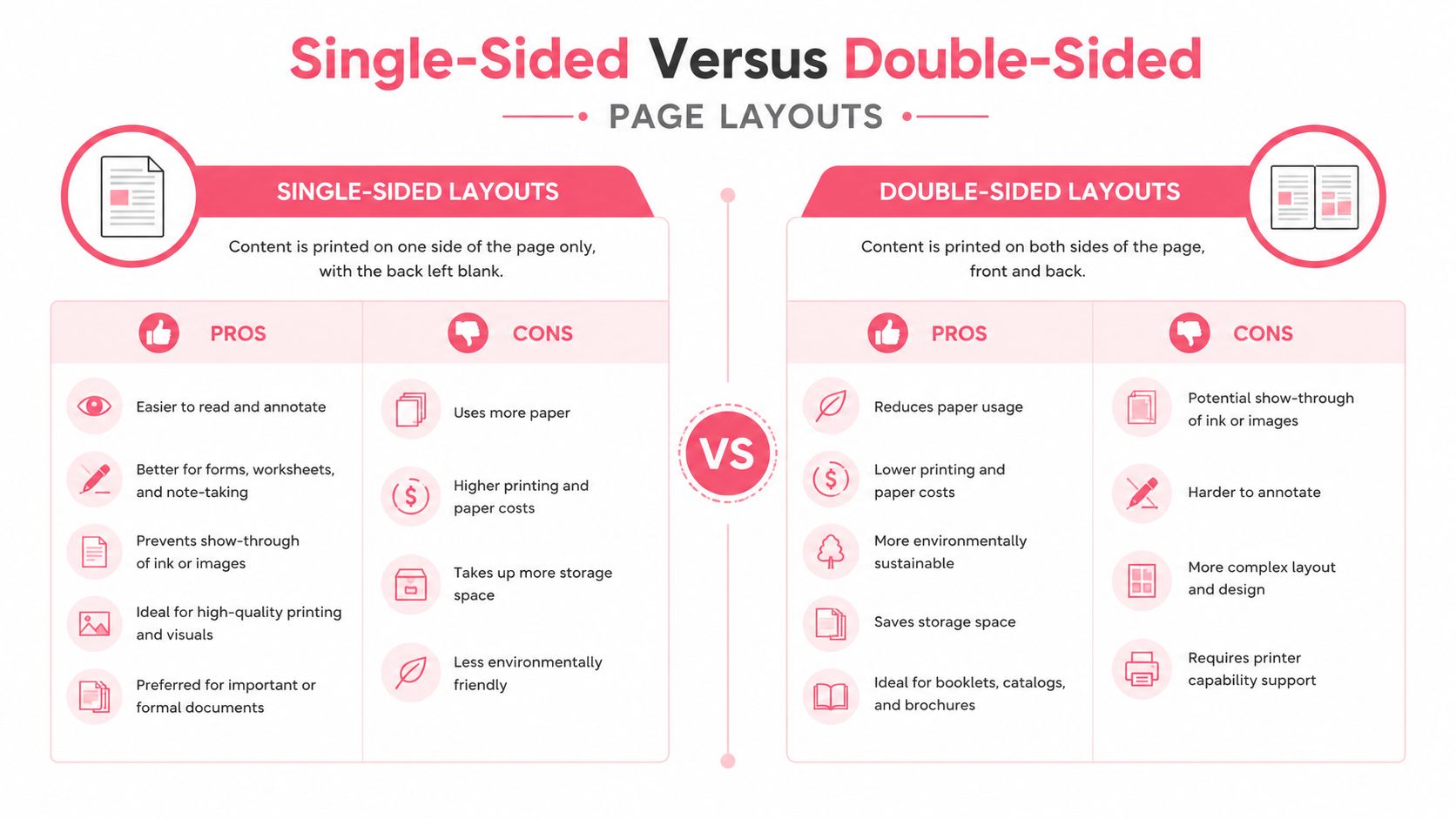 A comparison chart showing the pros and cons of using single-sided versus double-sided paper layouts for printing.