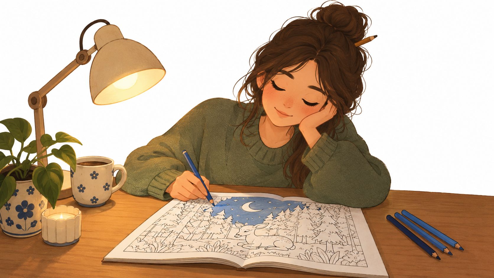 A girl with a messy bun wearing a green sweater colors a landscape illustration with blue pencils.