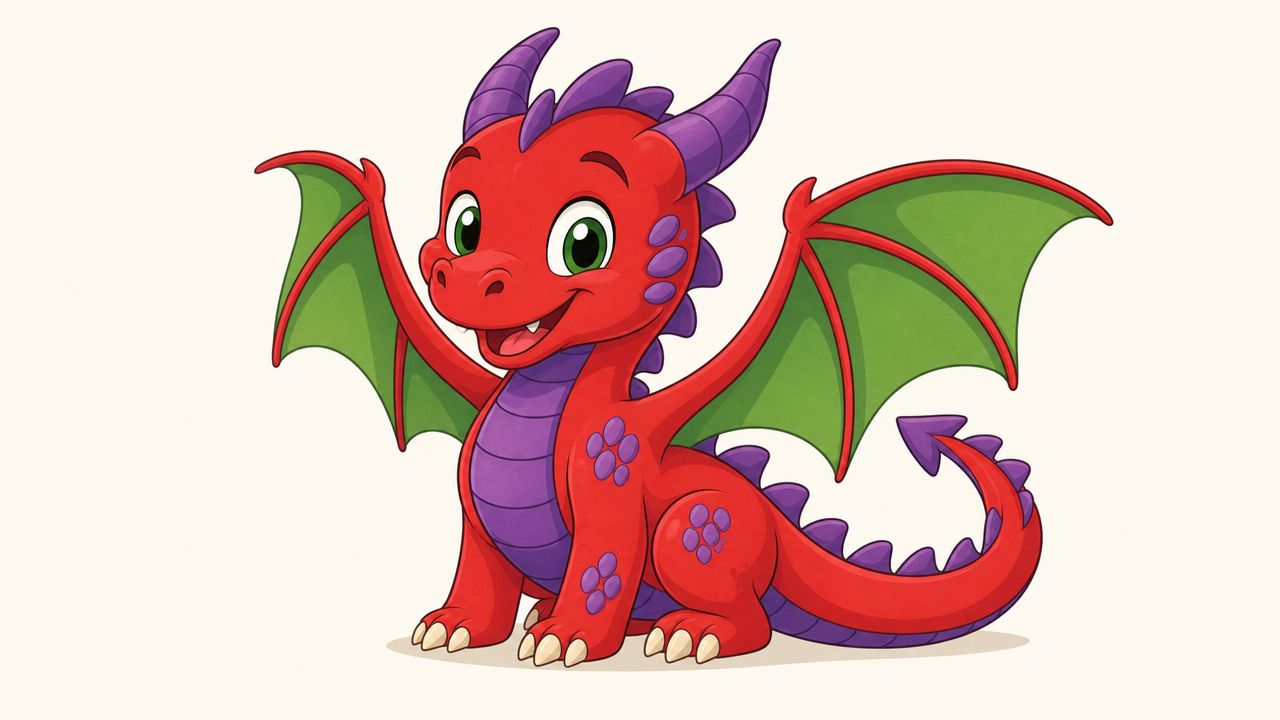 A cute cartoon baby dragon with red scales, purple details, and green wings sitting on white background.