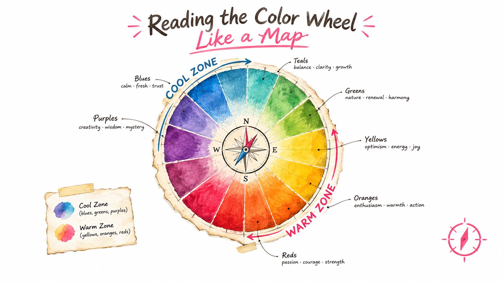 A color wheel illustration labeled as a map, showing warm and cool color zones with descriptive traits.