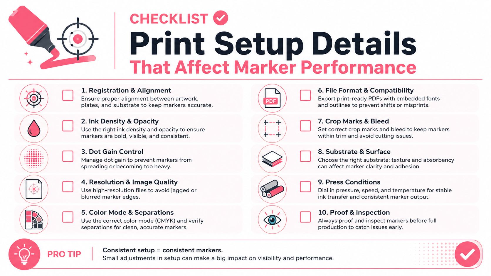 A checklist infographic detailing ten key print setup factors essential for optimizing marker performance and print quality.