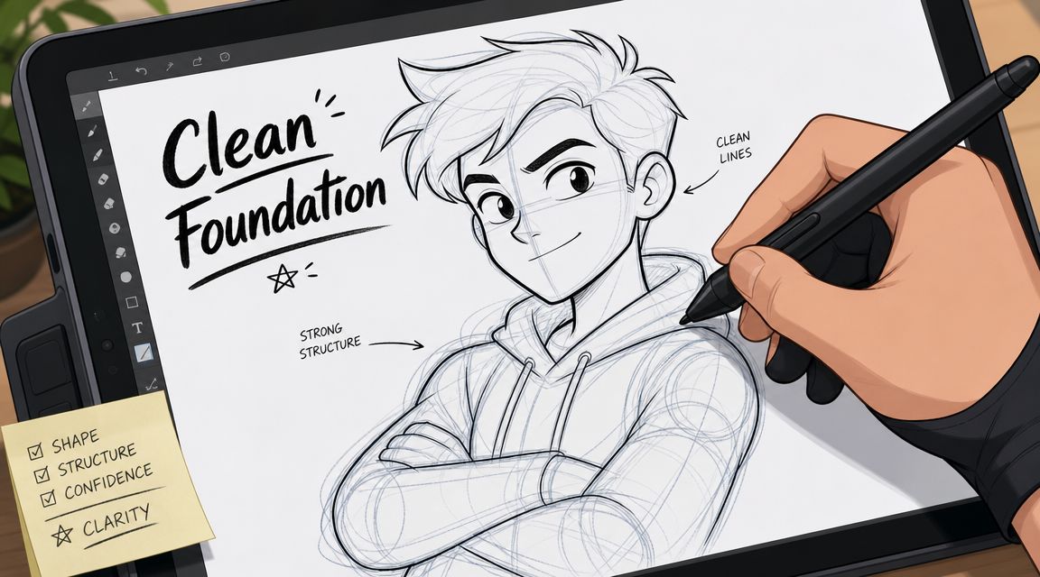 An artist drawing a clean line art character sketch on a digital tablet with a stylus.