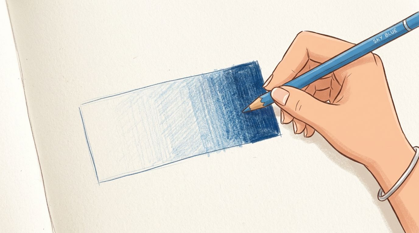 A hand using a blue pencil to create a gradient shading effect on a rectangular drawing.