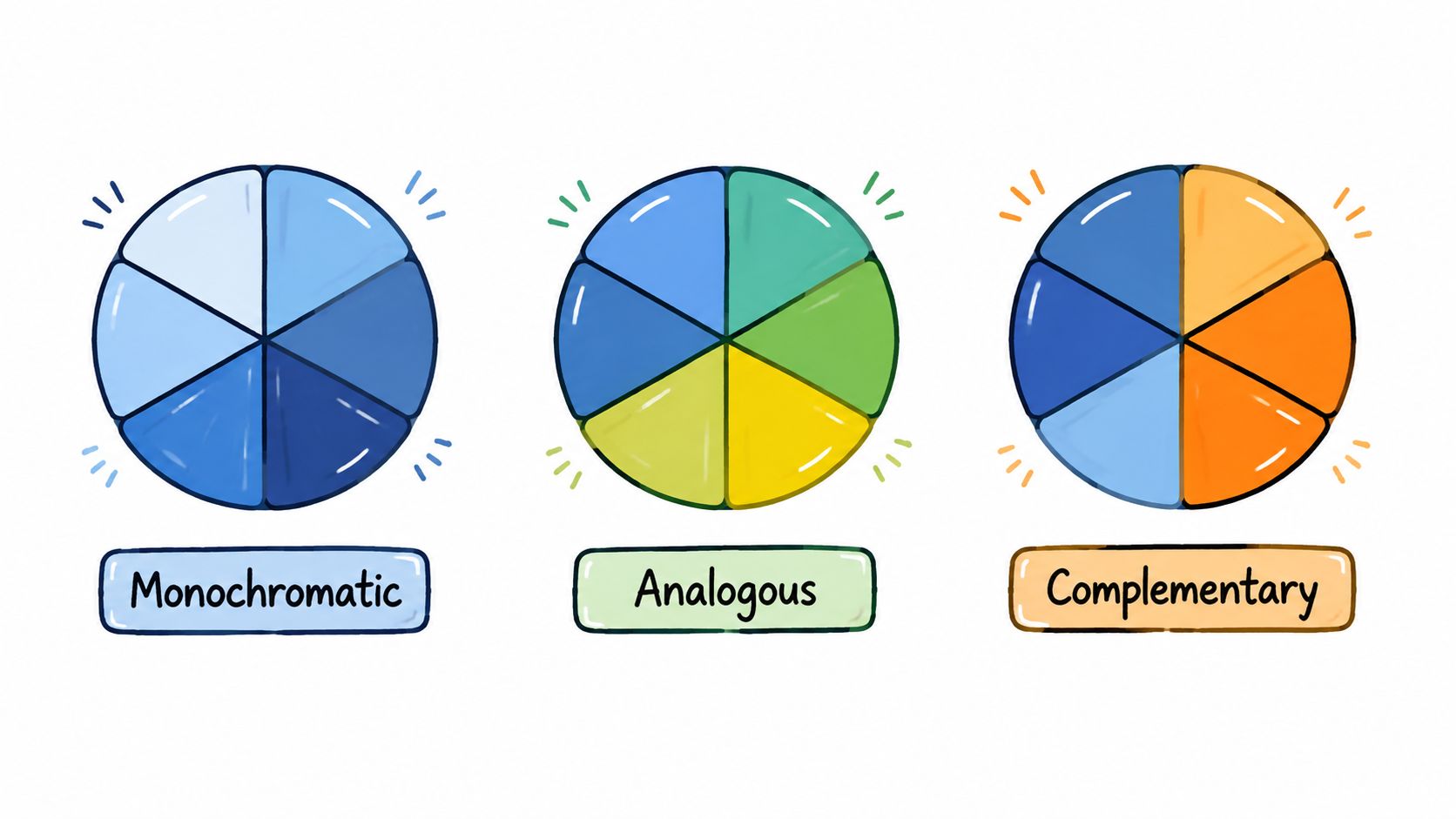 An illustration showing three color wheels representing monochromatic, analogous, and complementary color schemes for artists.