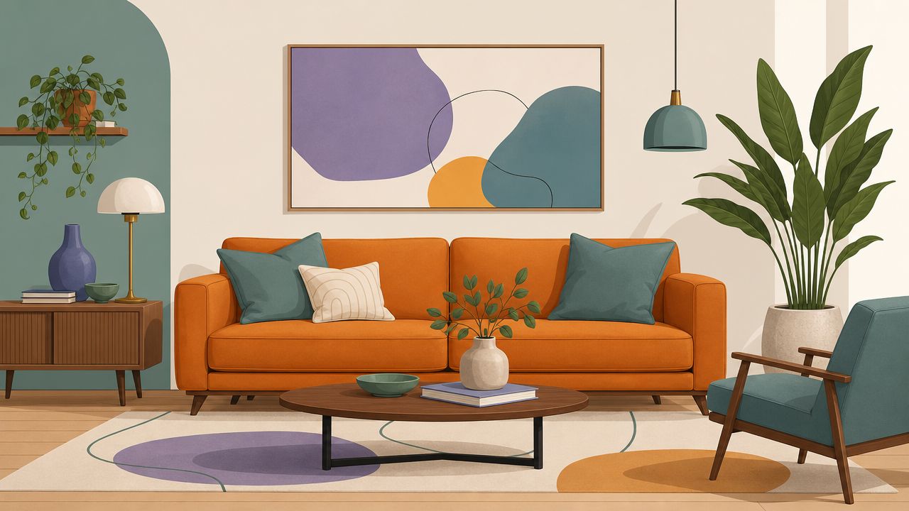 A modern living room with an orange sofa, teal accents, and abstract art in a triadic color palette.