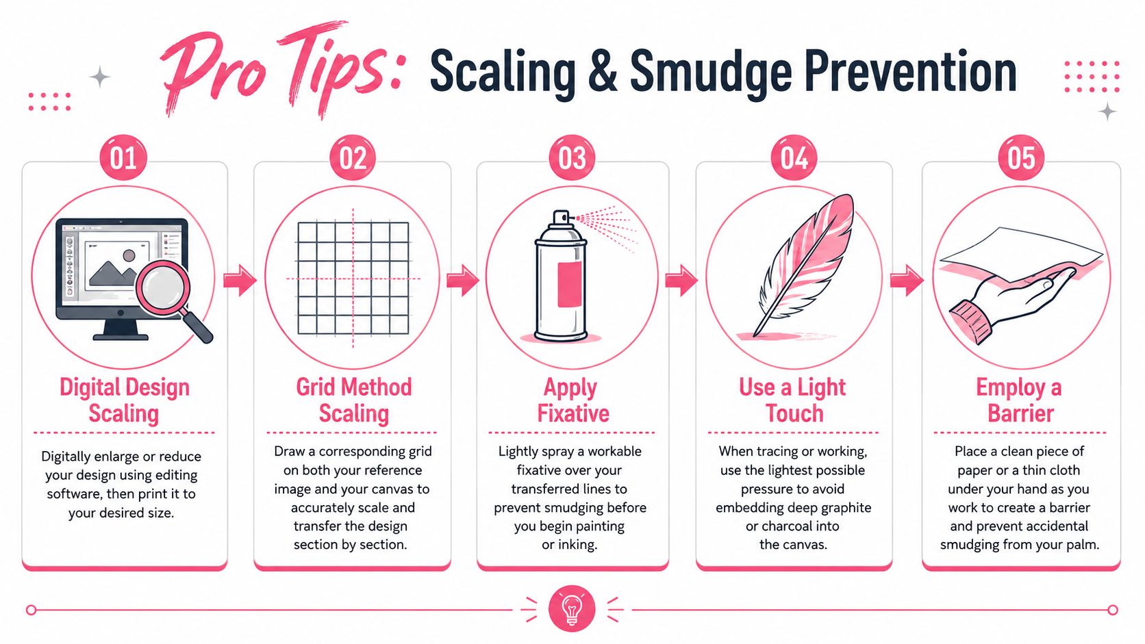 A five-step infographic showing techniques for scaling designs and preventing smudges when transferring art to canvas.