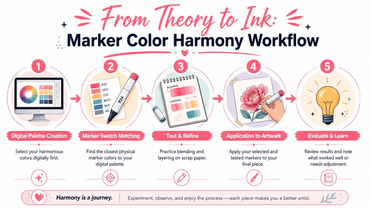 A five-step infographic showing how to create color harmony in marker artwork, from digital planning to application.