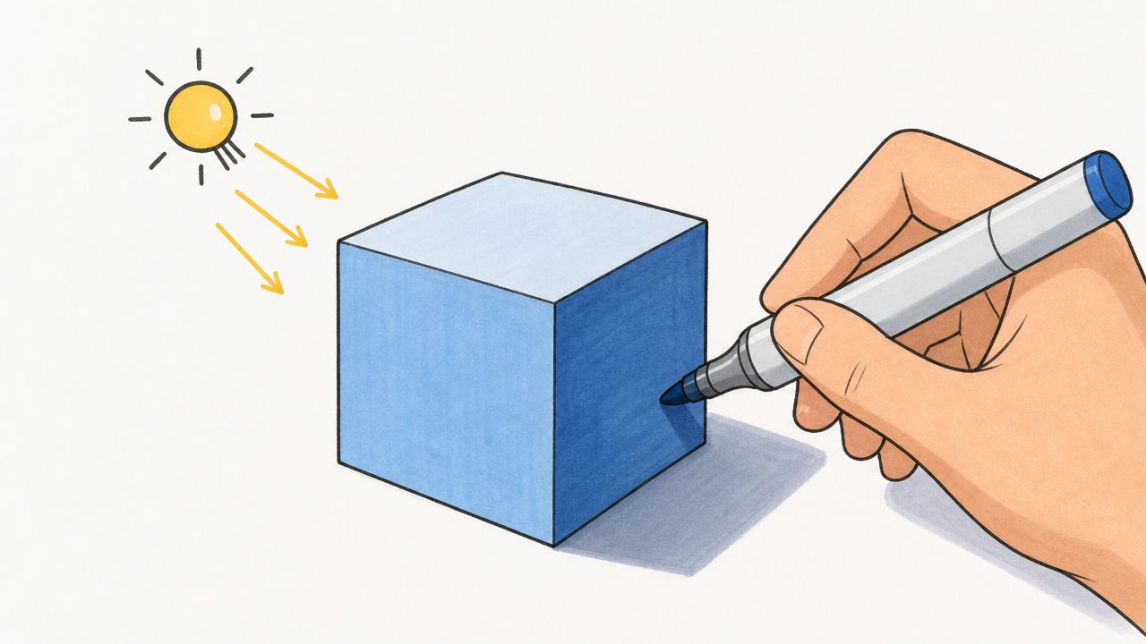 A hand coloring a blue cube with a marker to demonstrate light and shadow principles.