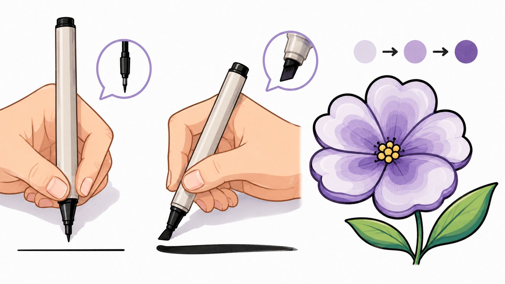 An illustration demonstrating two different marker techniques for drawing thin lines and thick strokes on paper.