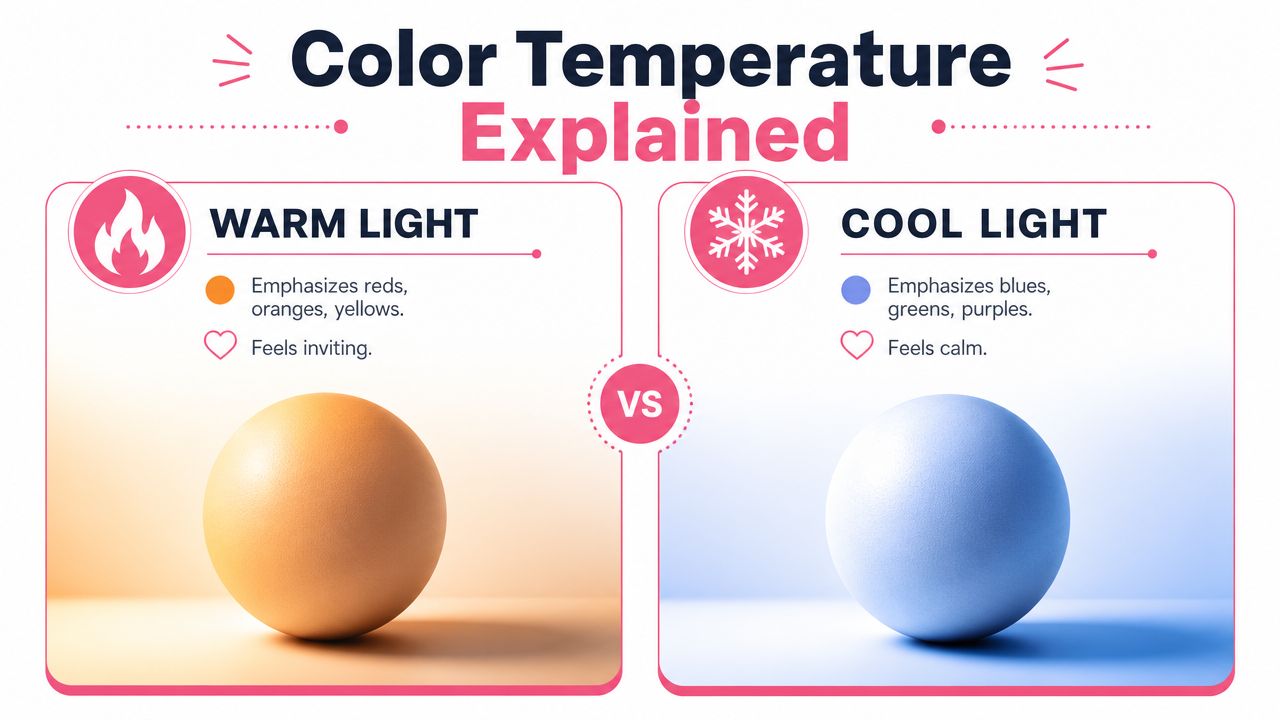 A comparison chart showing warm light with orange tones versus cool light with blue tones for interiors.