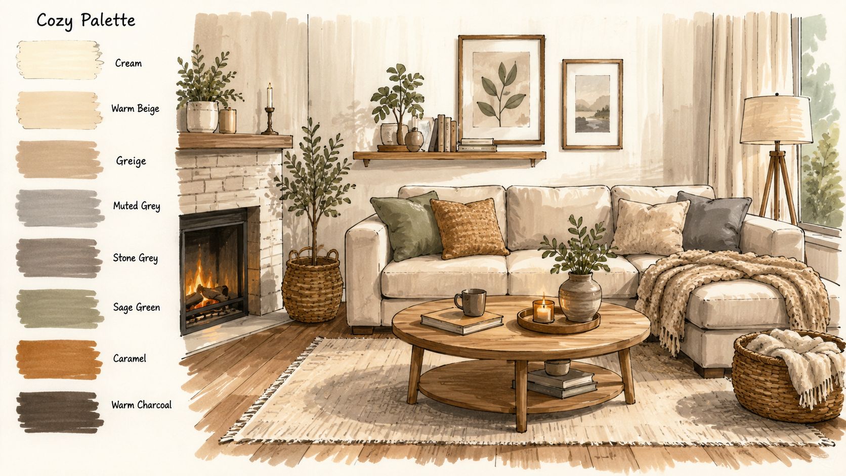 A cozy living room interior design concept featuring a neutral color palette with warm textures and fireplace.