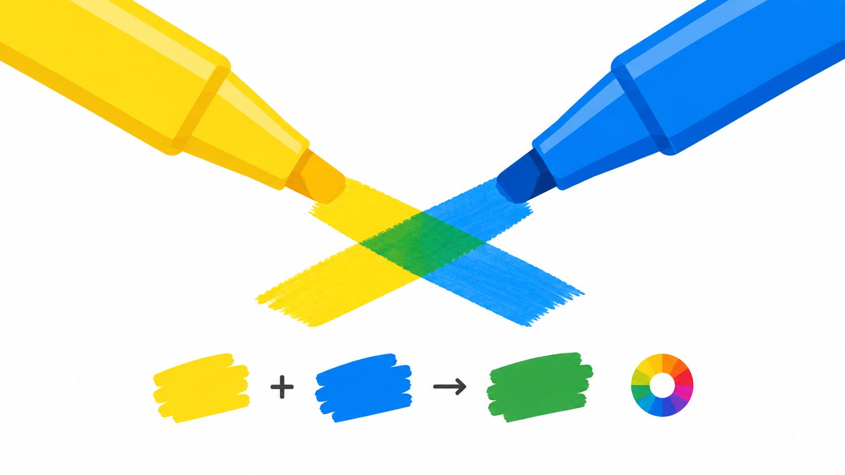 A conceptual illustration showing a yellow and blue marker crossing to create a green intersection color.
