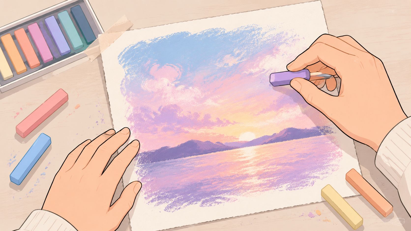 A person drawing a colorful sunset landscape on paper using soft pastel sticks and chalks.