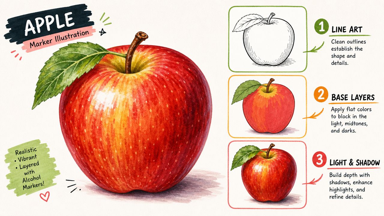 A step-by-step marker illustration guide showing how to draw a realistic red apple in three stages.