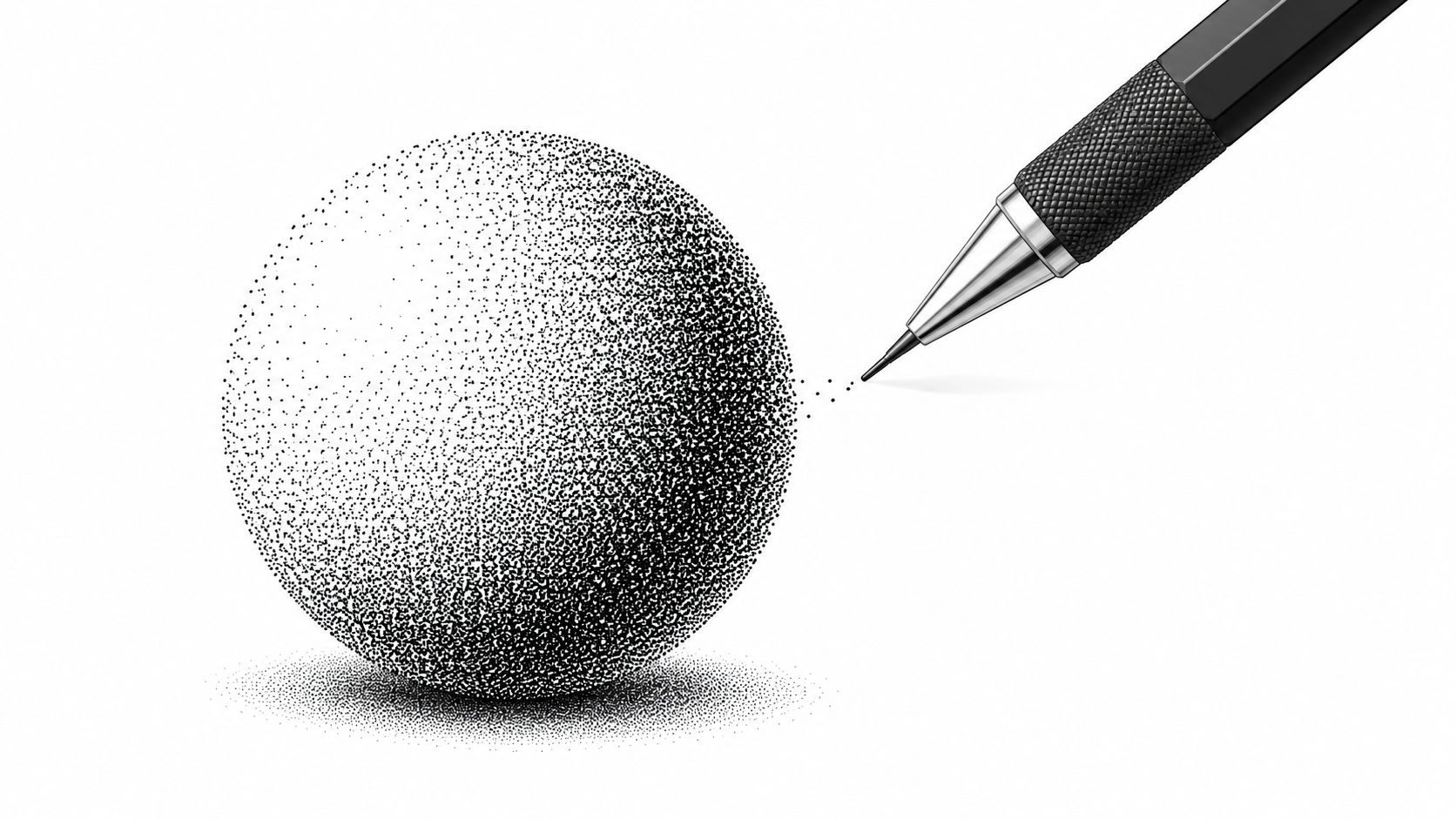A mechanical pencil creating a stippled sphere illustration with dots on a plain white background.