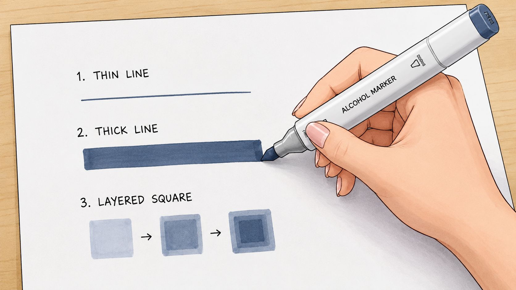 A hand drawing lines and layered squares with an alcohol marker on a piece of paper.