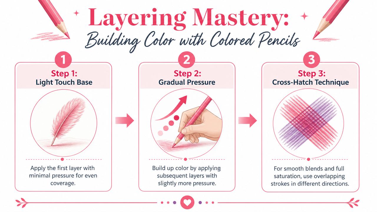 An educational infographic showing three steps to layer colored pencils, from light pressure to cross-hatching technique.
